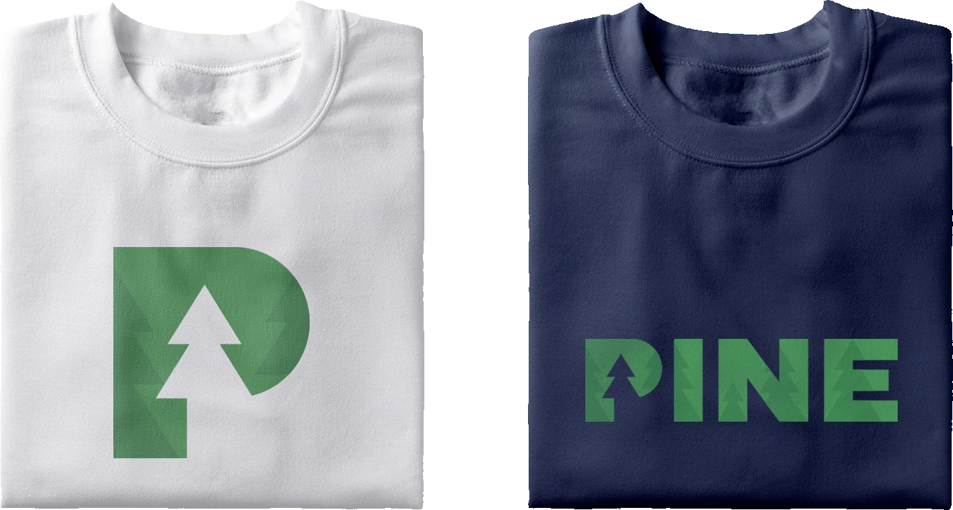 Folded Pine sweatshirts, one white with the Pine mark and one navy with the Pine wordmark