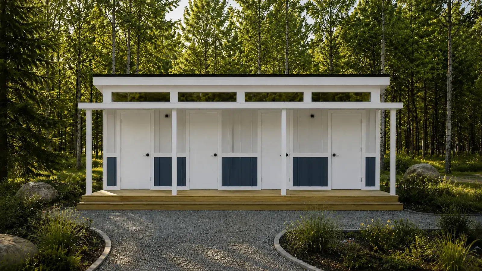 White Pine mobile bathhouse with a covered porch and private stall doors