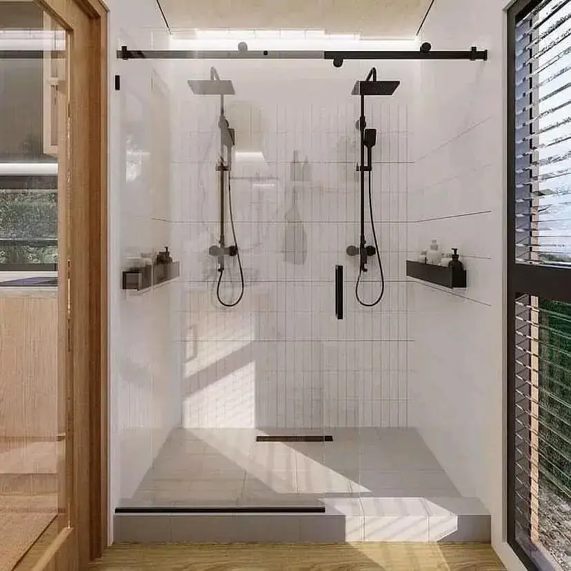 Private tiled walk-in shower inside the cabin