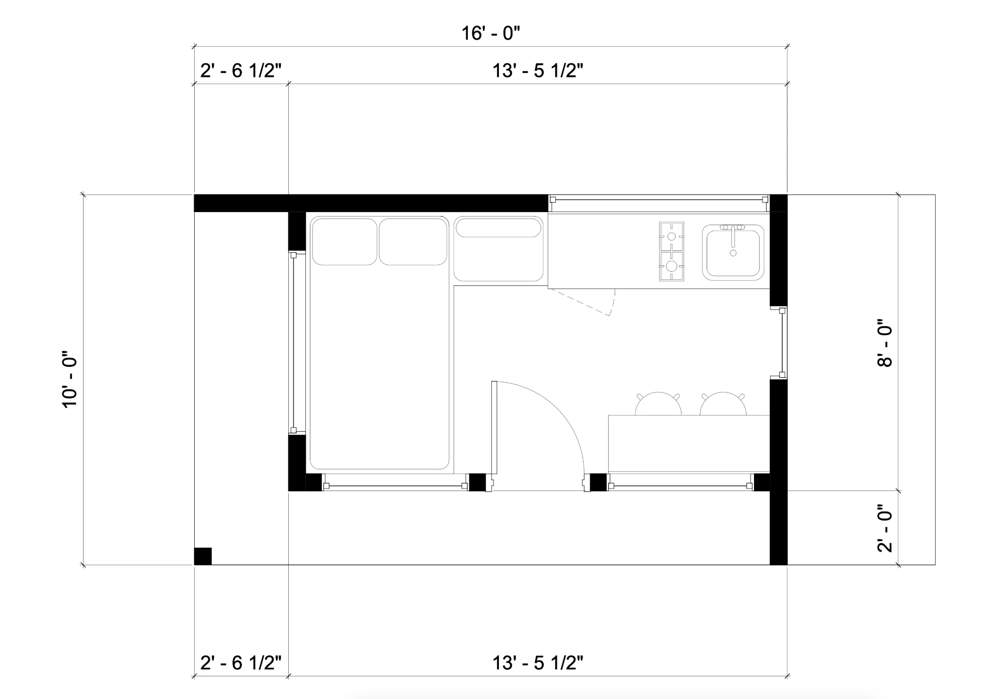 Illustrative floor plan of the Pine Camp, a 10 by 16 foot mobile cabin: one open room with a bed, kitchenette, and a seating area, sharing a bathhouse.