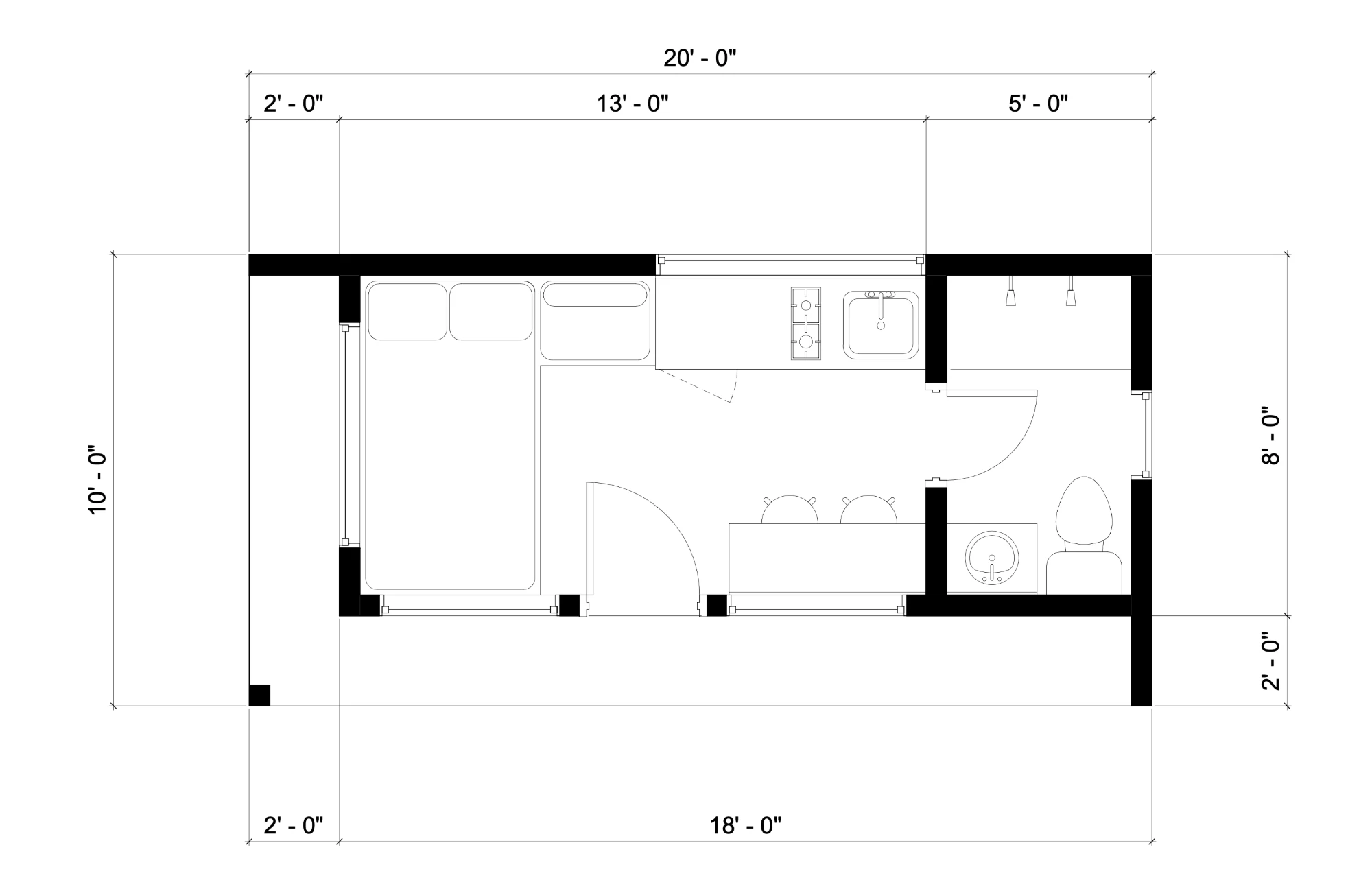 Illustrative floor plan of the Pine Plus, a 10 by 20 foot mobile cabin: an open living space with a bed, kitchenette, and dining, plus a private bathroom with toilet and sink at the far end.