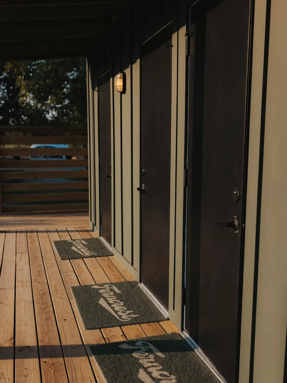 Pine cabin porch and door at dusk